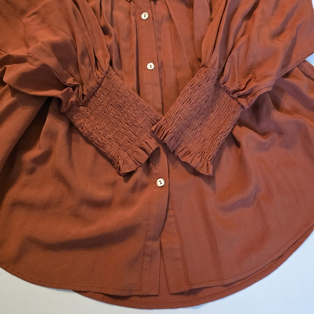 Sz S Listicle Rust Long Sleeves Shirt Embroidery Ruffles Pockets Floral Details - Picture 12 of 12